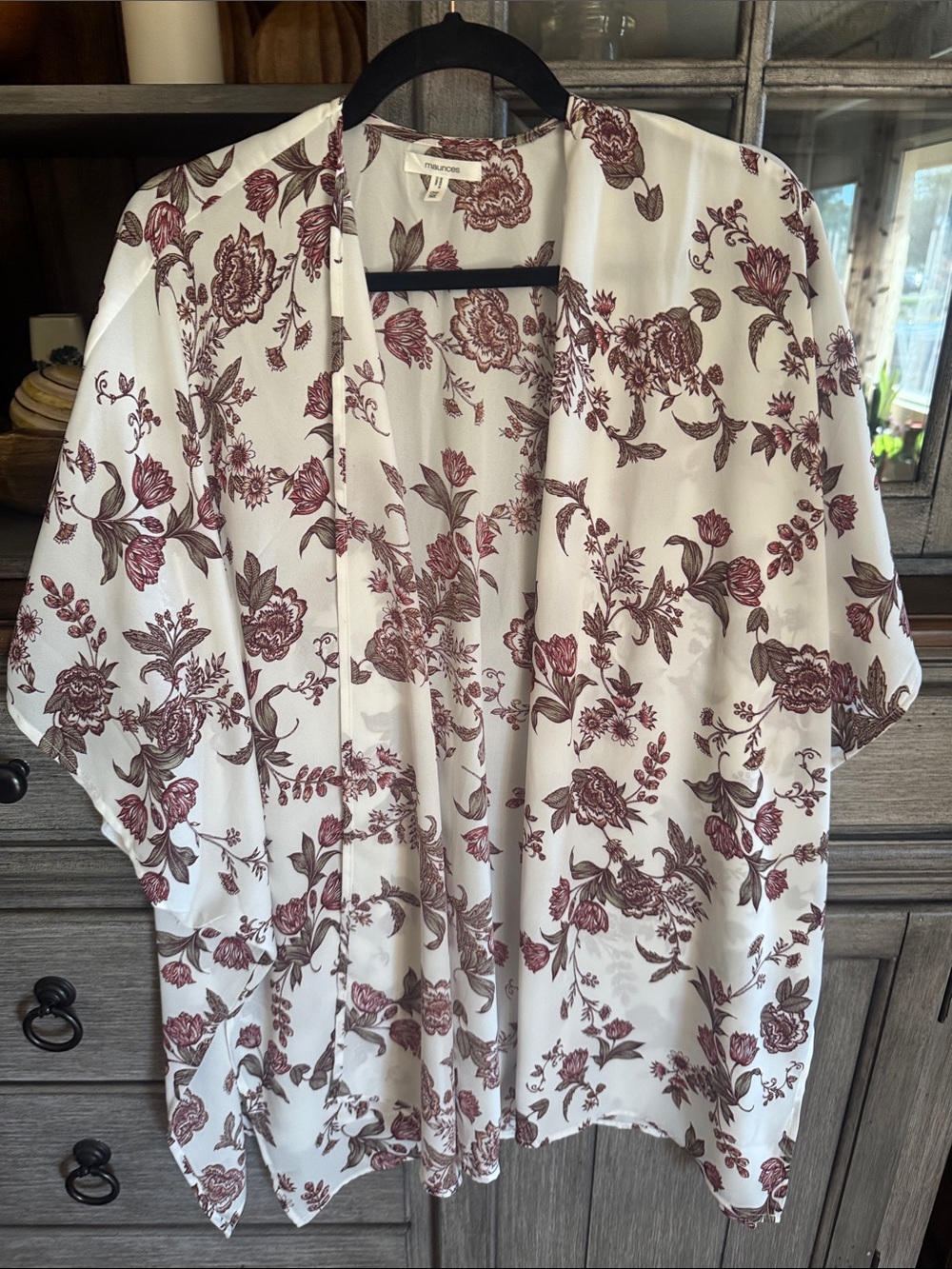 Maurices White Lightweight Kimono Jacket with Burgundy Floral
